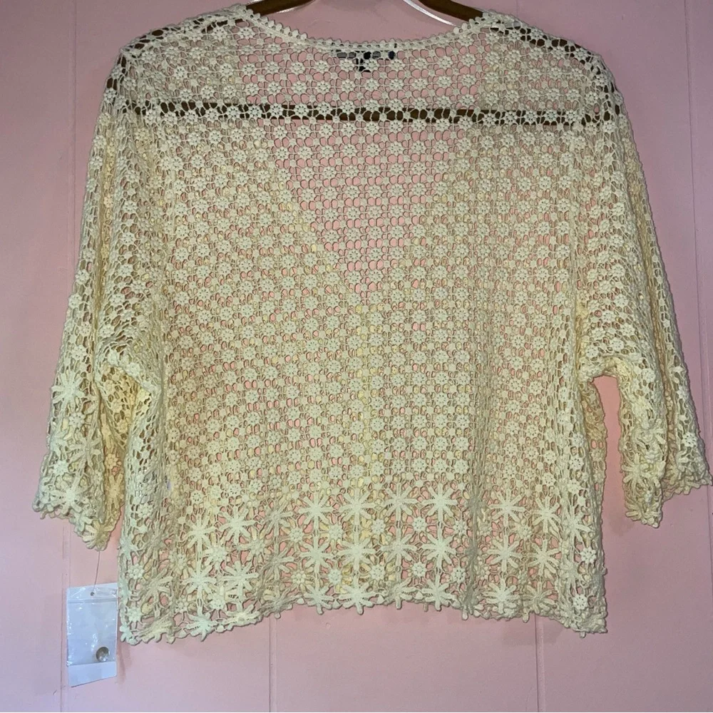 CHRISMcLaughlin Crochet Floral Butter Yellow Cardigan Lace Cropped Boho - Picture 2 of 16